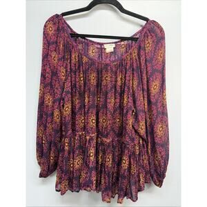 Natural Life Blouse One Size - Purple Floral Top Flowy Boho Peasant Cottagecore